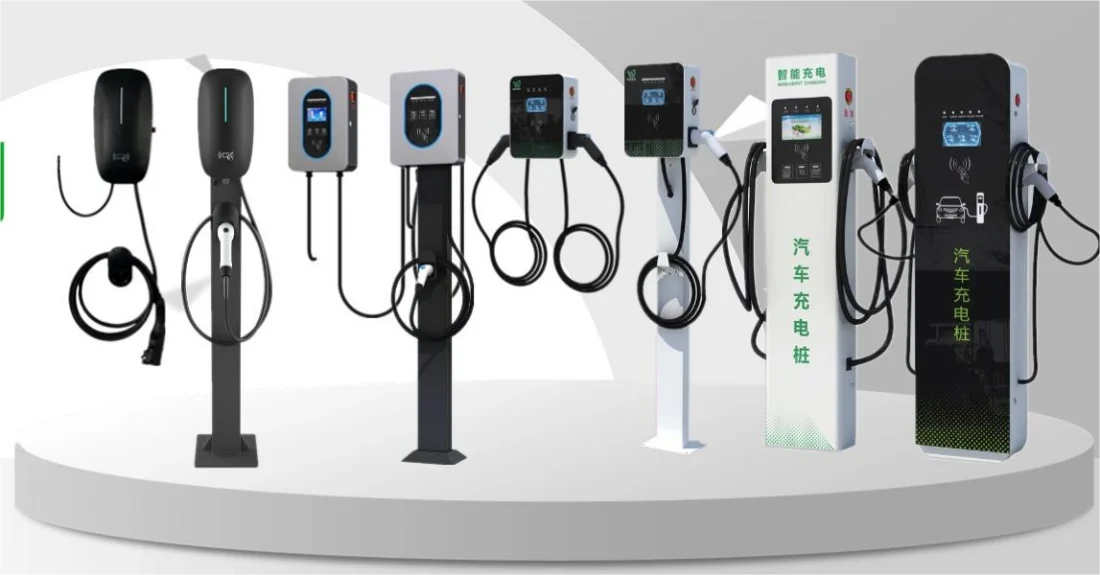 EV charging piles on a display stand